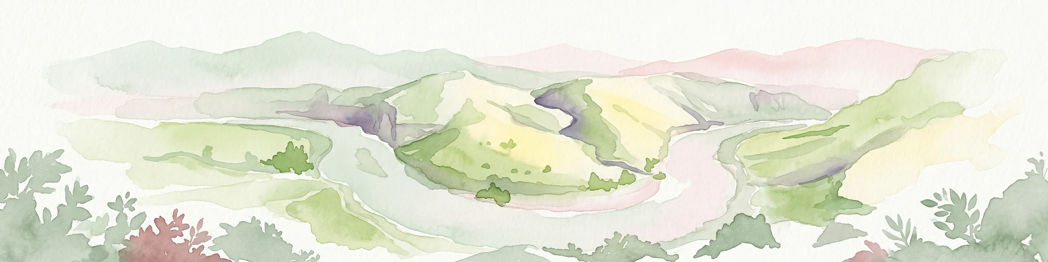 Ilustración en acuarela que muestra un río sinuoso a través de un valle con colinas verdes y montañas distantes