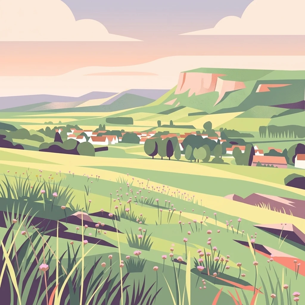 A flat-style digital illustration showing a rolling grassy landscape with wildflowers in the foreground, looking toward a small village and a large hill ridge under a soft sunset sky.