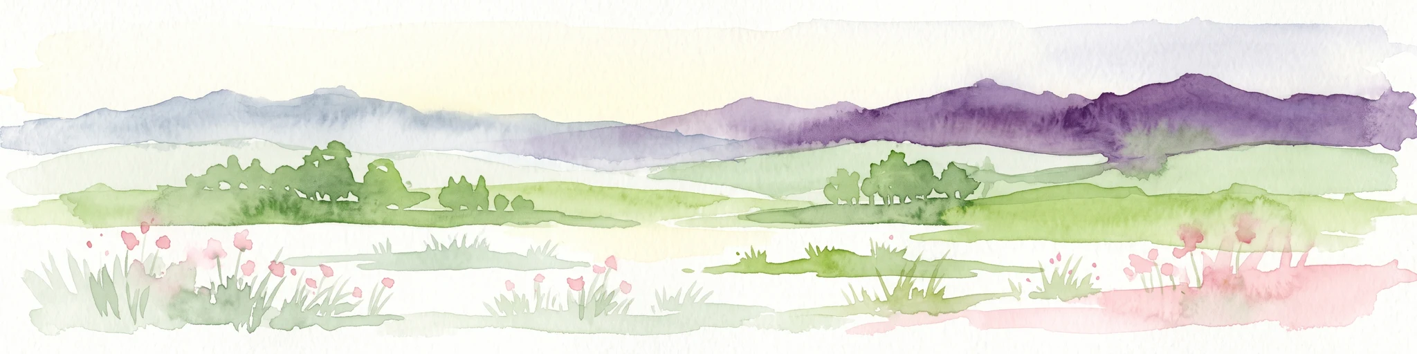 A watercolor painting depicting a soft, rolling landscape with purple hills in the distance, green plains with clusters of trees in the middle, and pink wildflowers in the foreground.