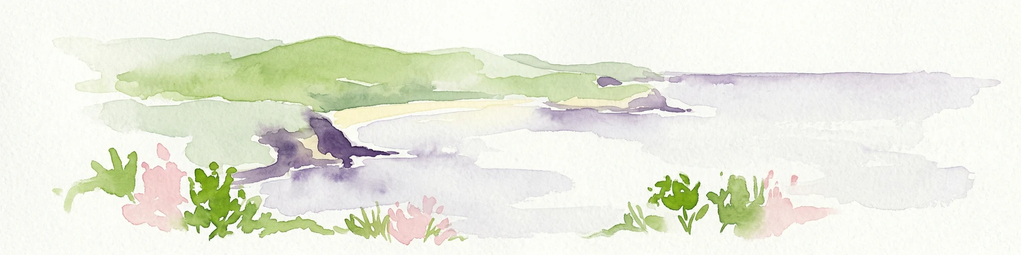 Pintura de acuarela que representa un paisaje costero con colinas verdes, playa de arena y plantas rosas y verdes en primer plano