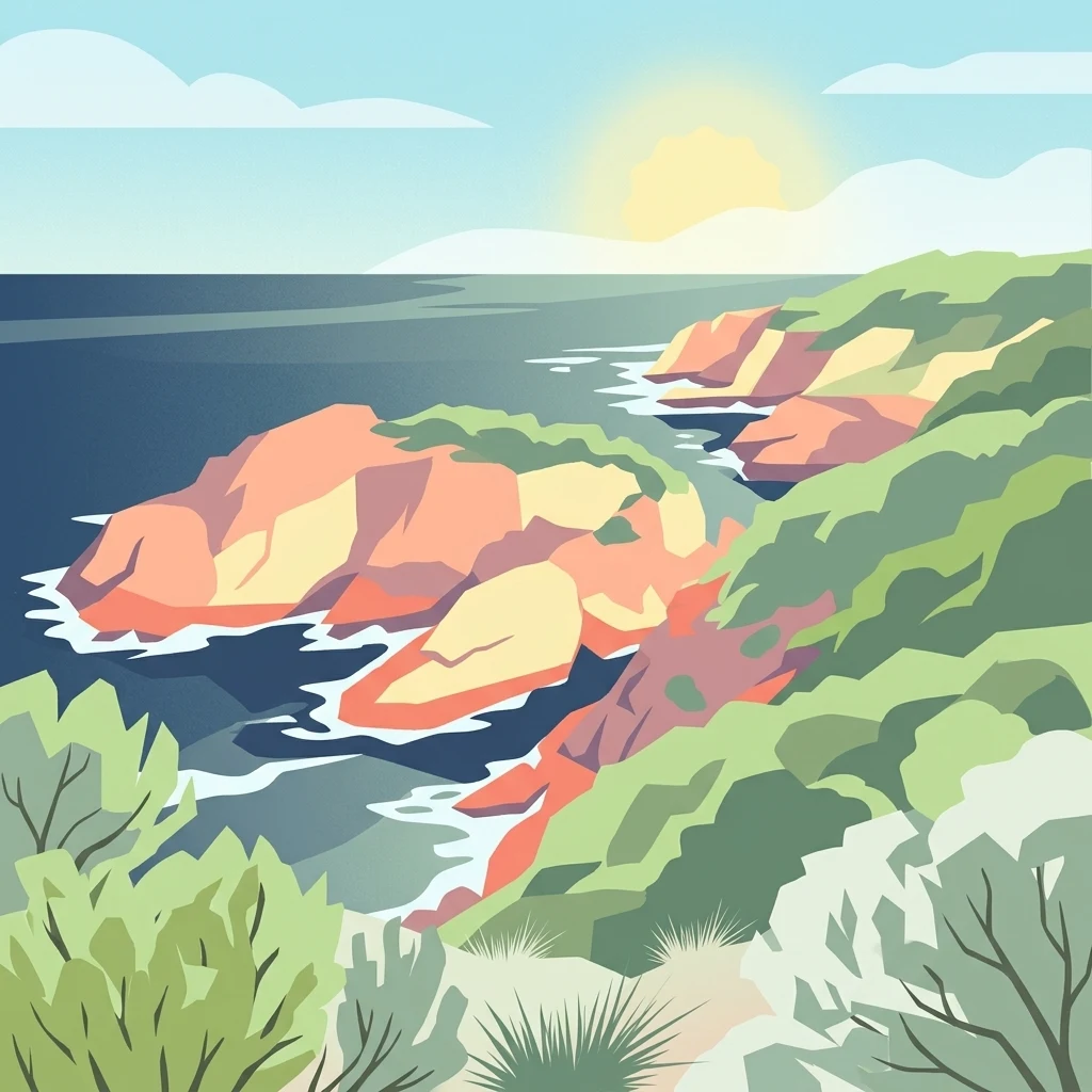 Coastal landscape illustration showing rocky cliffs, ocean waves, and green vegetation