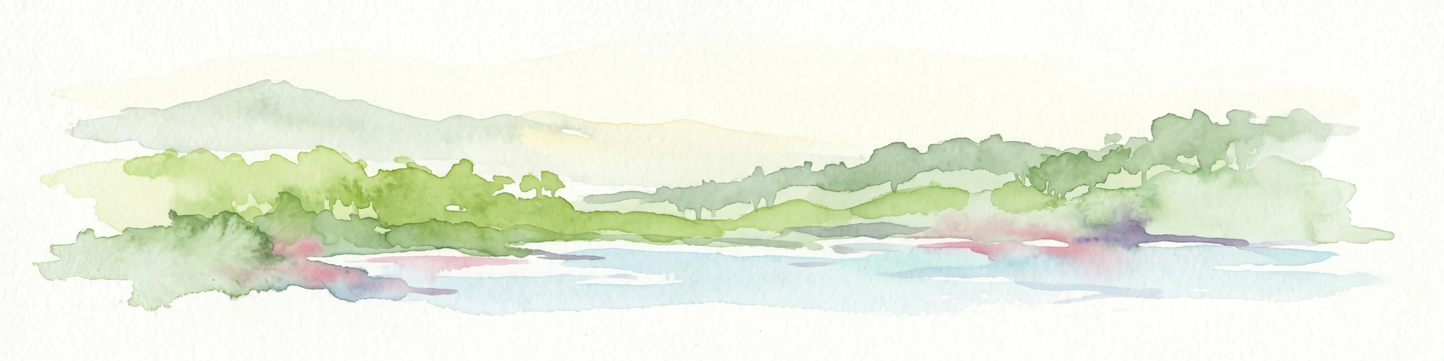 Ilustración en acuarela que muestra un paisaje costero con colinas verdes, agua azul y montañas distantes