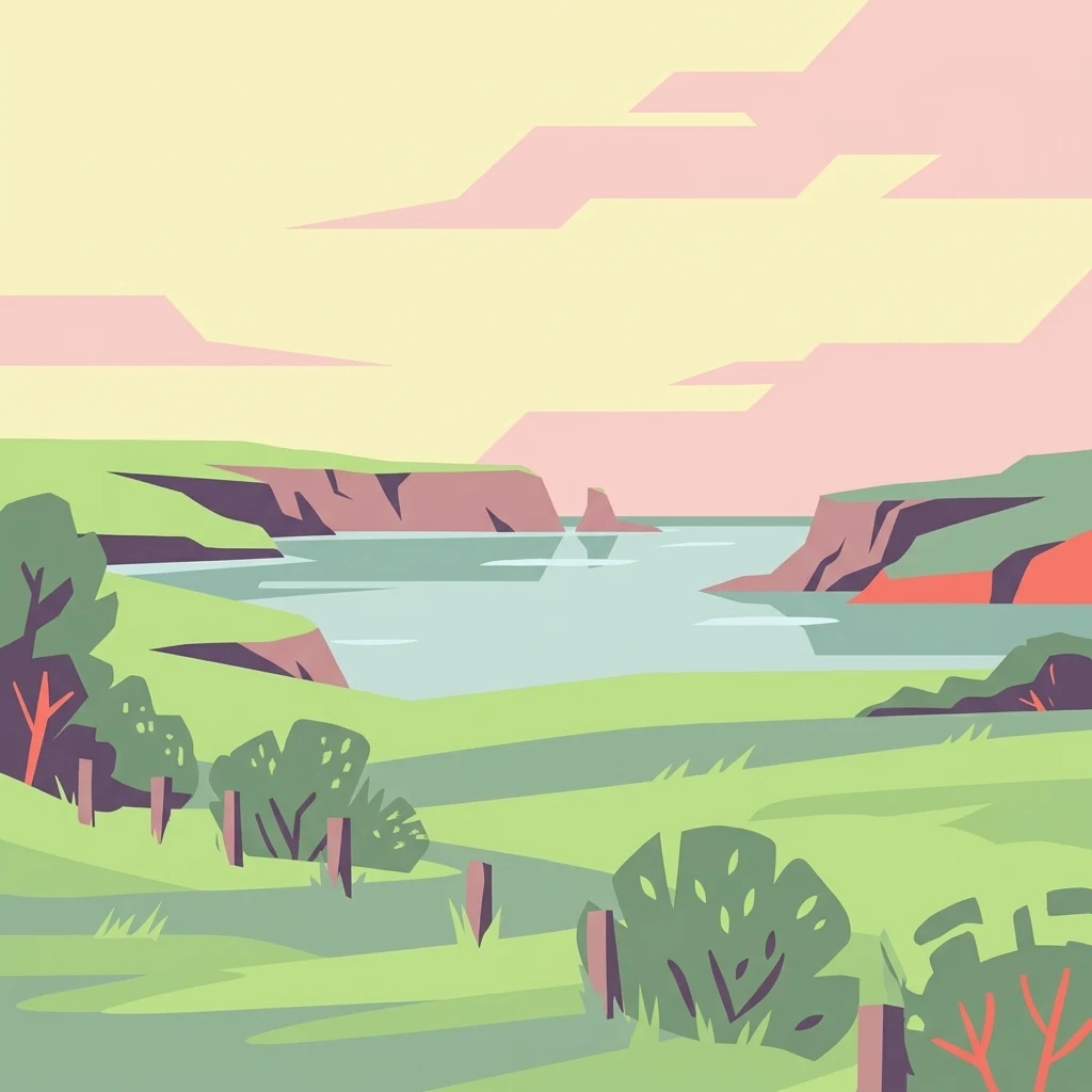 A minimalist, flat vector-style illustration of a coastal landscape. Green grassy fields with a fence run in the foreground, leading to a calm bay bordered by rocky cliffs in the distance under a pastel sky.