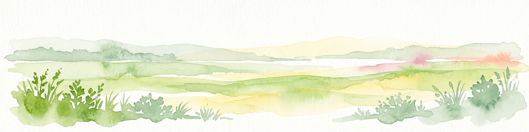 Pintura a la acuarela de un paisaje costero de baja altitud con hierbas, arbustos y colinas lejanas suaves y brumosas.