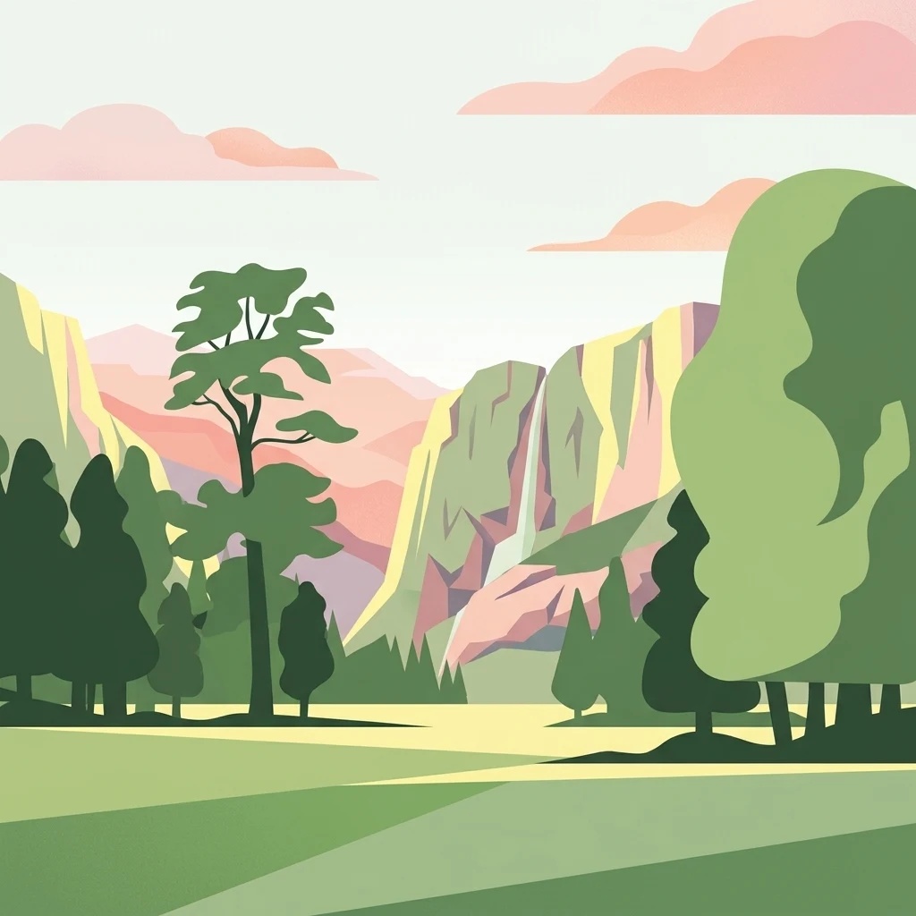 An illustration of a green meadow in the foreground with forest, steep cliffs, and a narrow waterfall in the background under a pale sky with soft pink clouds.