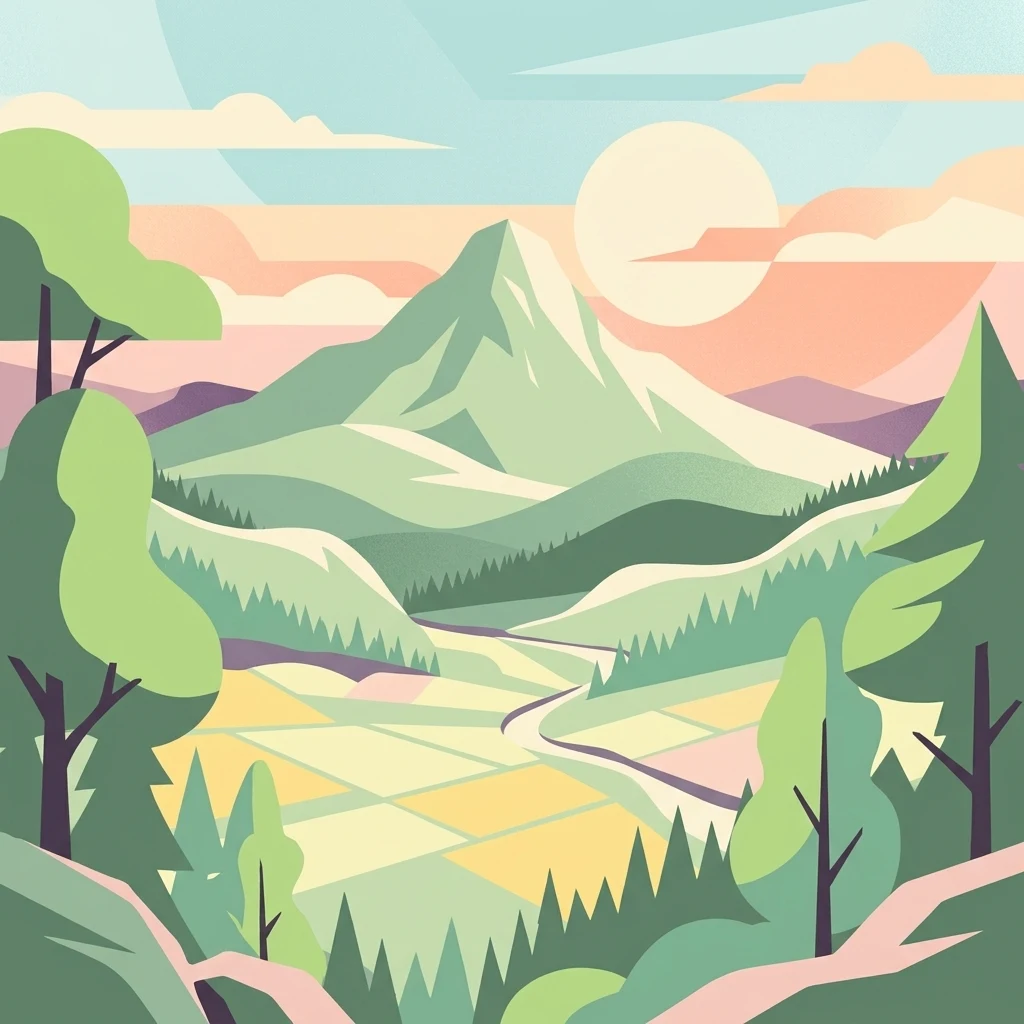 A minimalist vector-style illustration of a mountain peak rising above a valley with forest and geometric field patterns, framed by trees in the foreground.