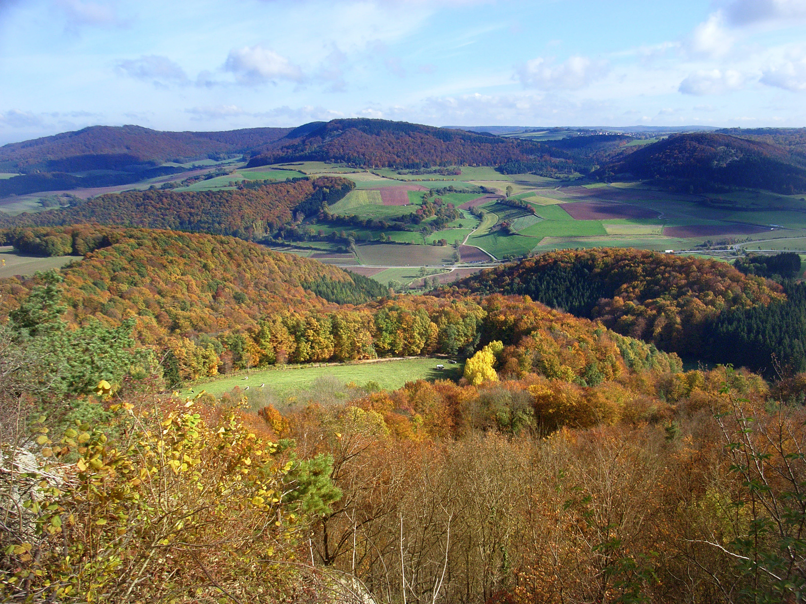 A wide-angle landscape view looking out over forested rolling hills and small farm fields during the autumn season.