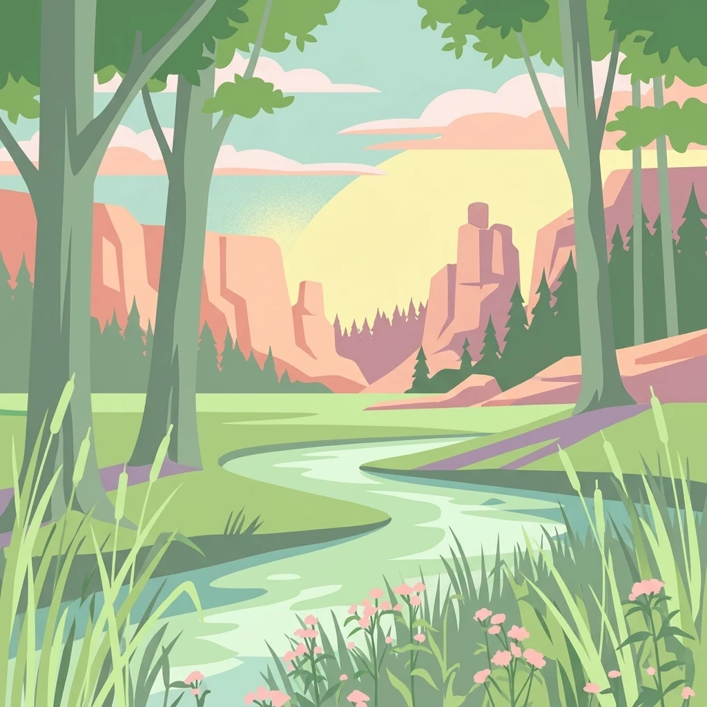 Una ilustración de un río tranquilo serpenteando por un valle cubierto de hierba rodeado de bosques, acantilados altos y nubes rosadas al atardecer.