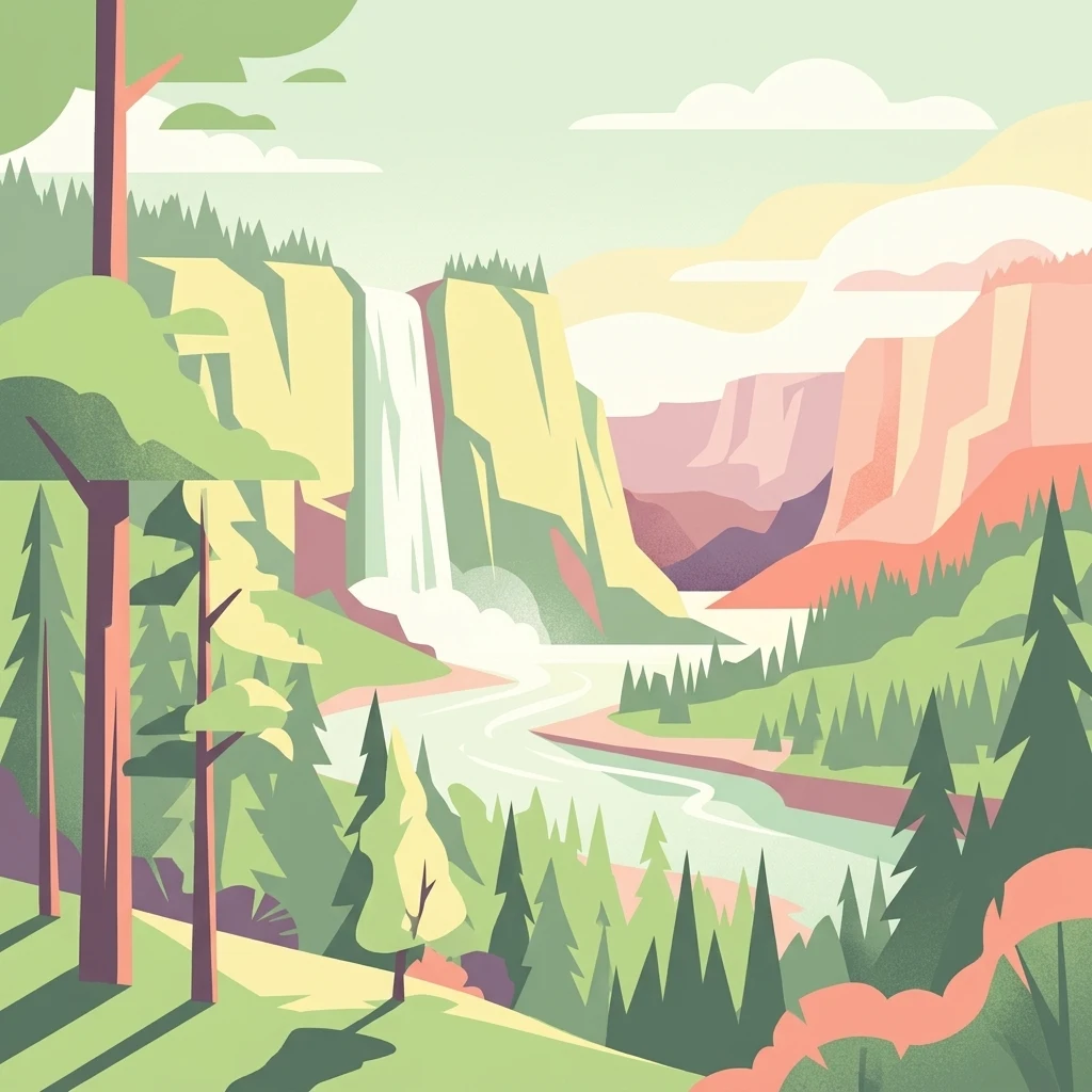 Stylized illustration of a waterfall flowing into a river surrounded by forested mountains