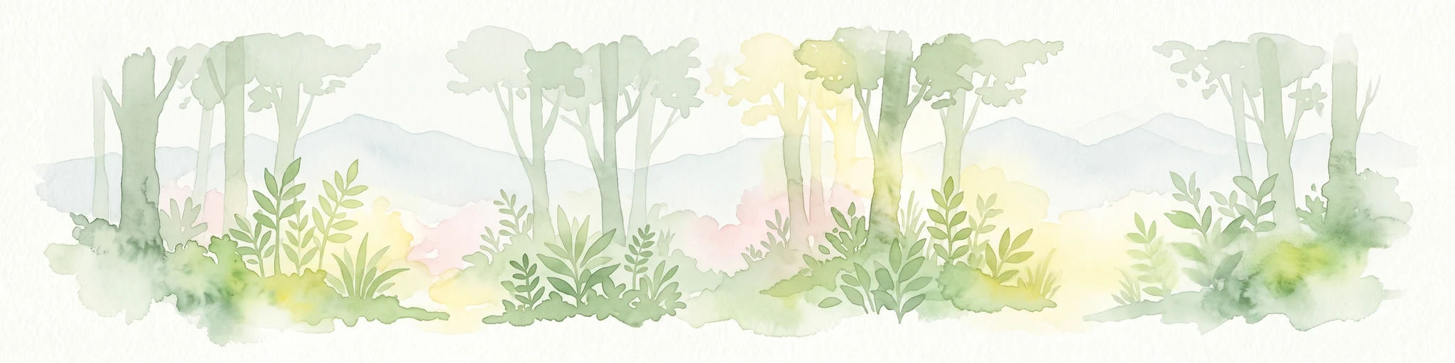 Ilustración acuarela de una escena forestal con árboles, helechos y montañas distantes