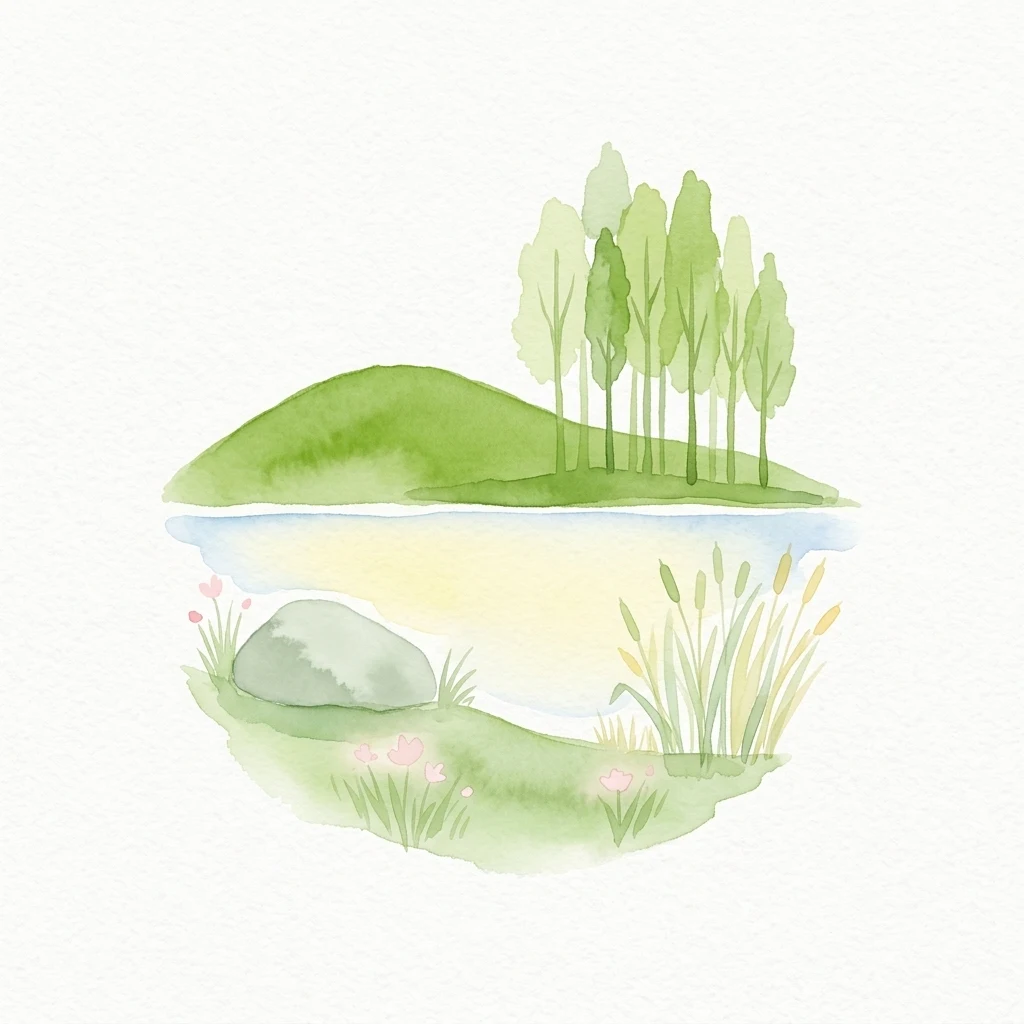 Watercolor illustration showing a lake with a small hill, trees, and vegetation