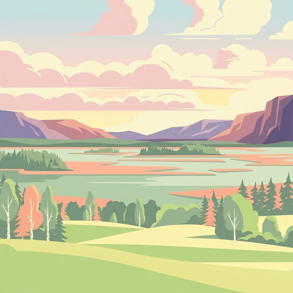 Ilustración estilizada de un paisaje de lago con colinas ondulantes, bosques y un cielo colorido
