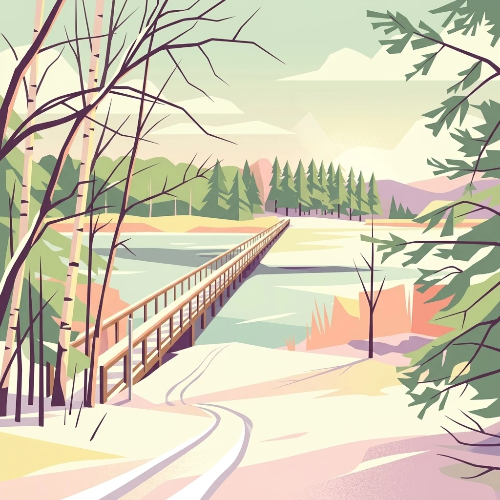 A stylized, colorful illustration of a long, narrow wooden footbridge crossing a tranquil body of water, flanked by birch trees and pine forests under a soft sky.