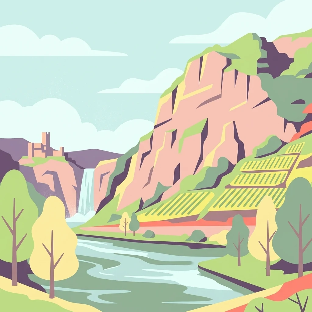 A flat-style digital illustration of a steep, light-colored rocky cliff face rising above a winding river. Terraced fields are carved into the landscape, with a small castle visible in the background and soft, stylized clouds overhead.
