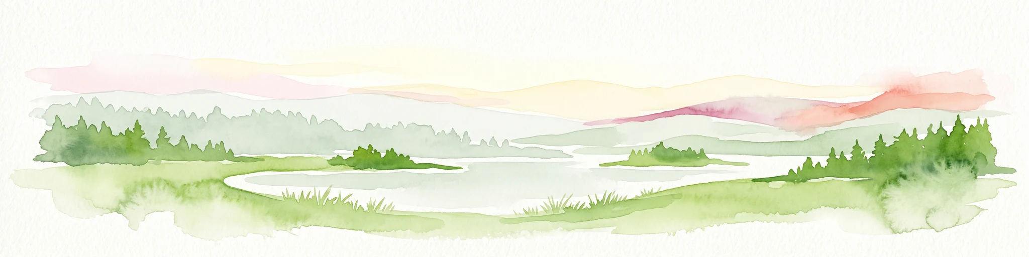 Watercolor painting of a green landscape with a winding river, forest patches, and soft hills in the background.