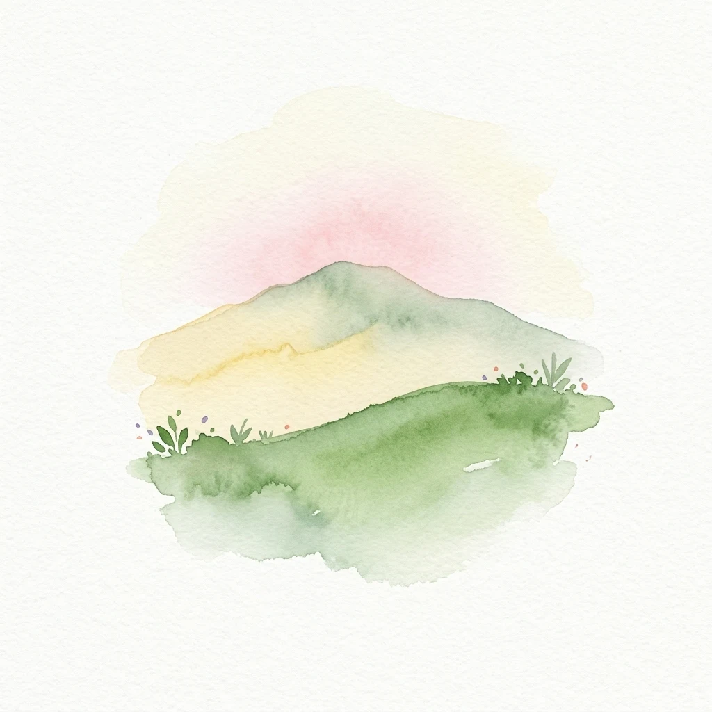 Watercolor illustration of a mountain landscape with green hills and a pink and yellow sky