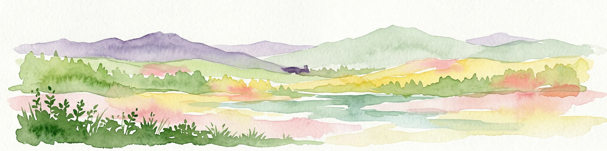 Watercolor illustration of a mountainous landscape with lakes and greenery