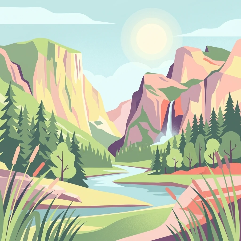 Una ilustración vectorial a todo color que representa un valle montañoso con un río azul sinuoso, pinos verdes y hierbas altas en primer plano. Al fondo, se elevan grandes acantilados de tonos rosados y anaranjados; una cascada desciende por uno de los lados bajo un sol brillante y un cielo azul.