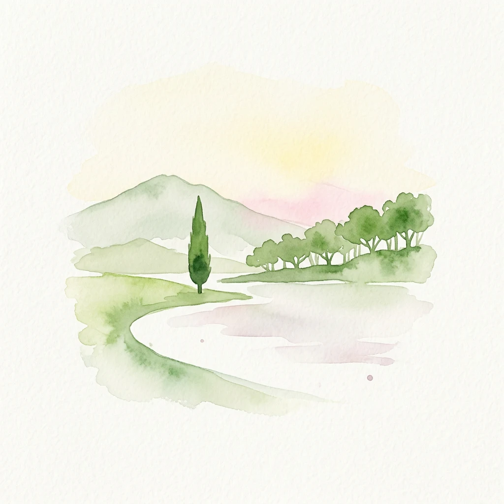 Watercolor painting of a landscape featuring a cypress tree, rolling hills, and a body of water