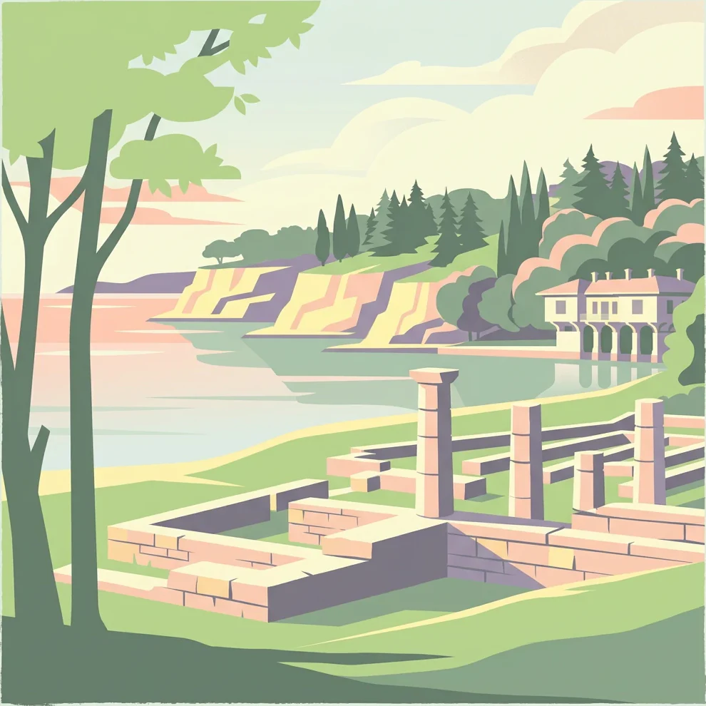 Ilustración de antiguas ruinas de piedra en una zona costera cubierta de hierba con acantilados, árboles y un edificio junto al agua