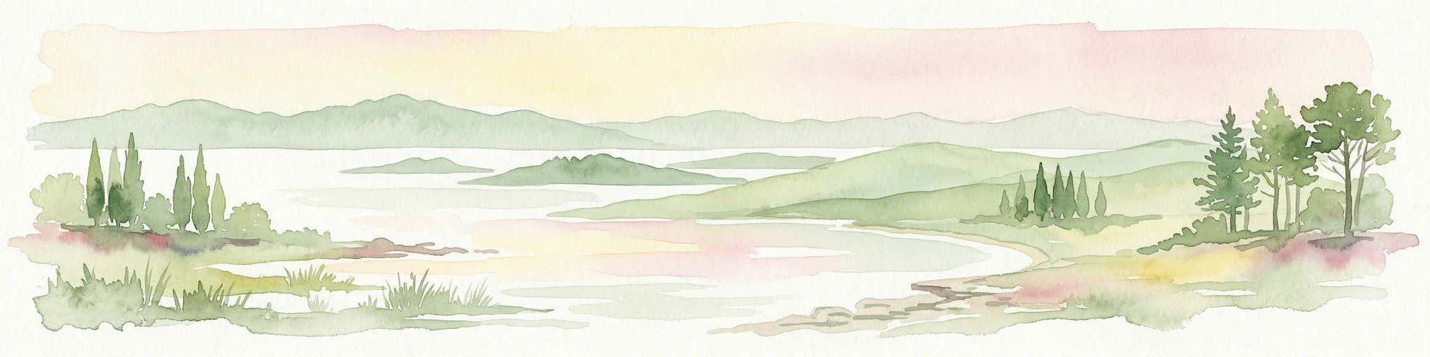 Pintura en acuarela de un paisaje costero con islas verdes, árboles y agua en calma bajo un cielo suave