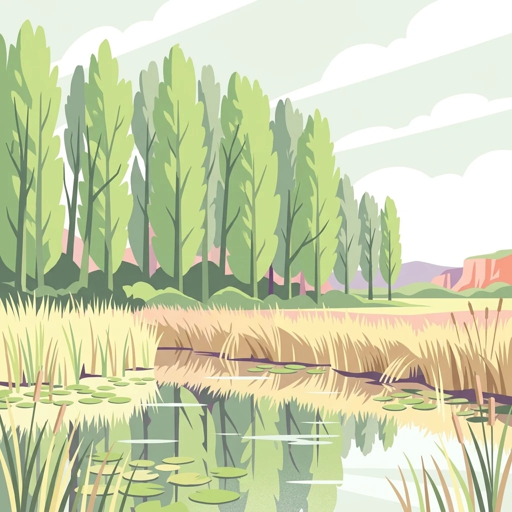 An illustrative rendering of a calm wetland with tall reeds, water lilies, and a line of slender trees under a cloudy sky.