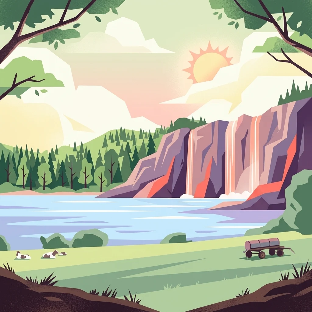 Digital vector-style illustration of a pond fed by a waterfall cascading from rocky cliffs, set against a backdrop of pine forests and a sunrise or sunset sky, with a small farm cart in a foreground field.