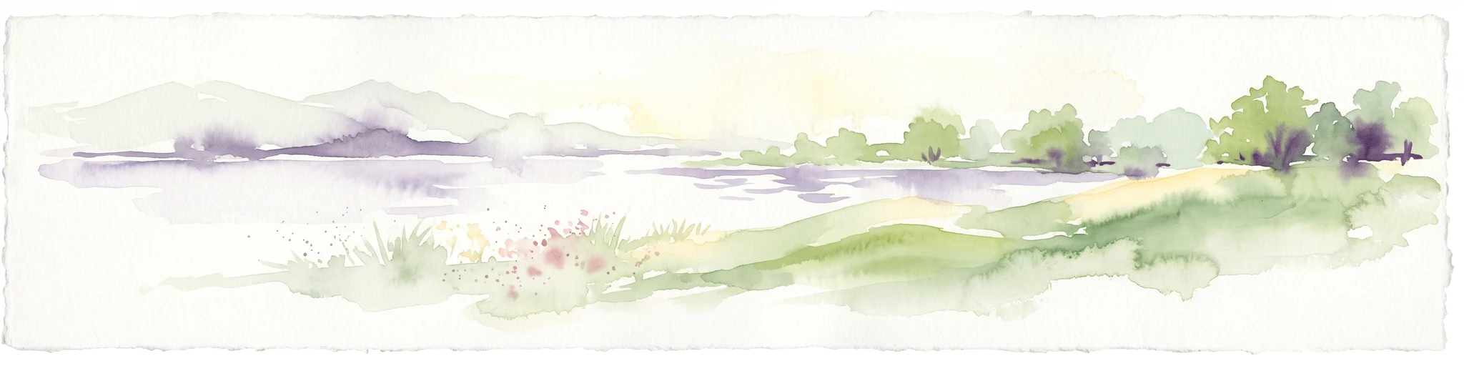 A horizontal watercolor painting showing a calm lake or pond with grassy banks, small trees, and soft hills in the background.