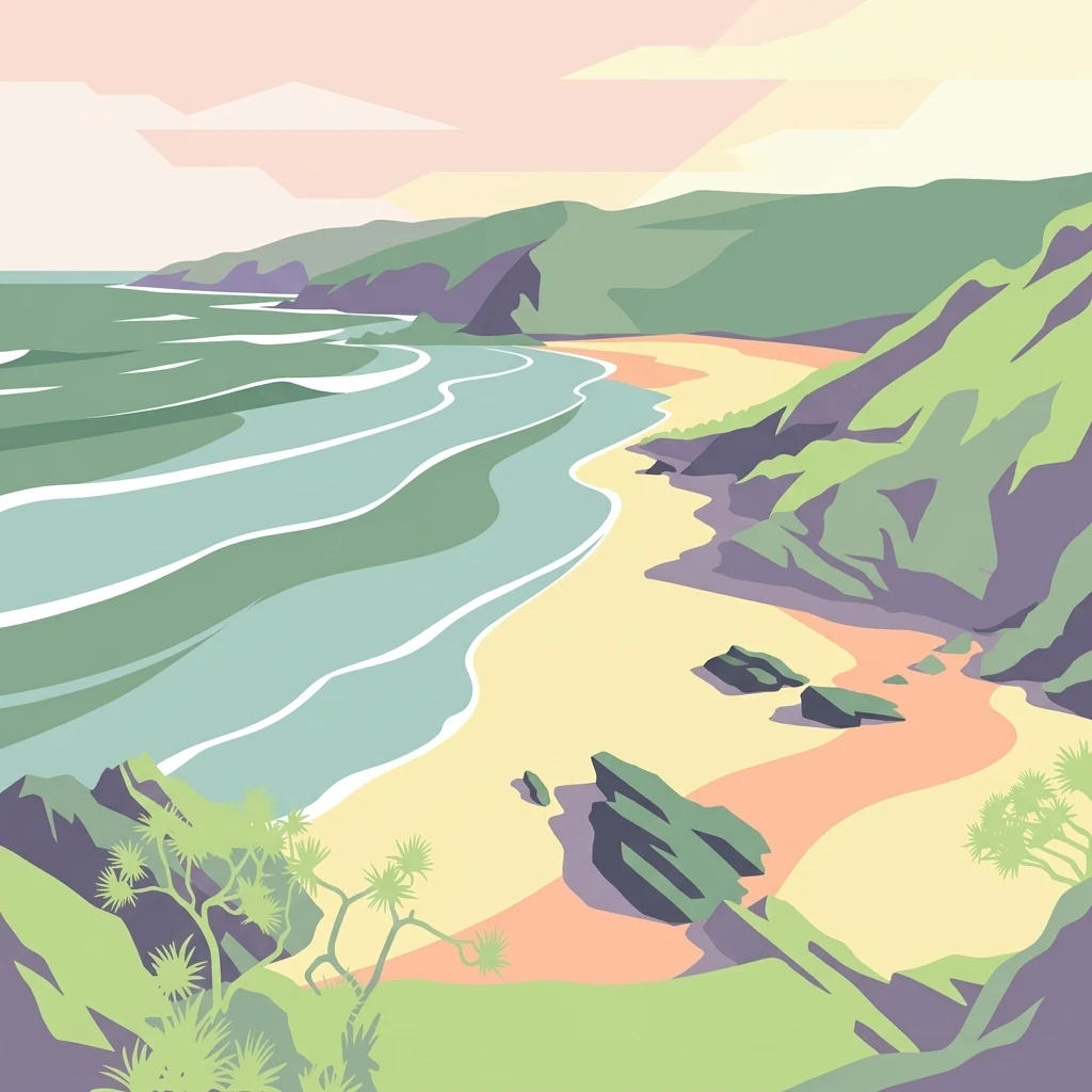 A stylized illustration showing a sandy beach meeting the ocean, flanked by grassy green hills and cliffs under a soft-colored sky.