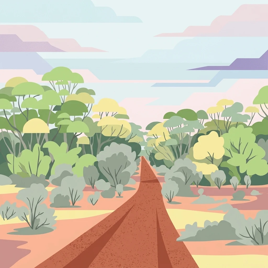 A flat-style digital illustration of a reddish dirt road stretching into the distance through a landscape of low-growing shrubs and scattered trees under a pale sky.