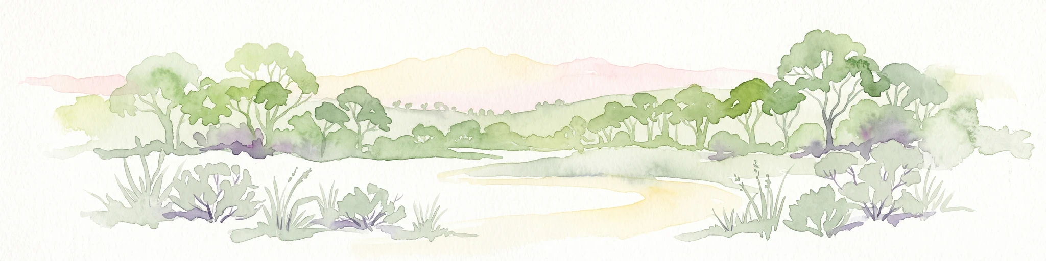 A horizontal watercolor illustration of a sparse woodland landscape with low shrubs and trees against a pale, soft-colored background.