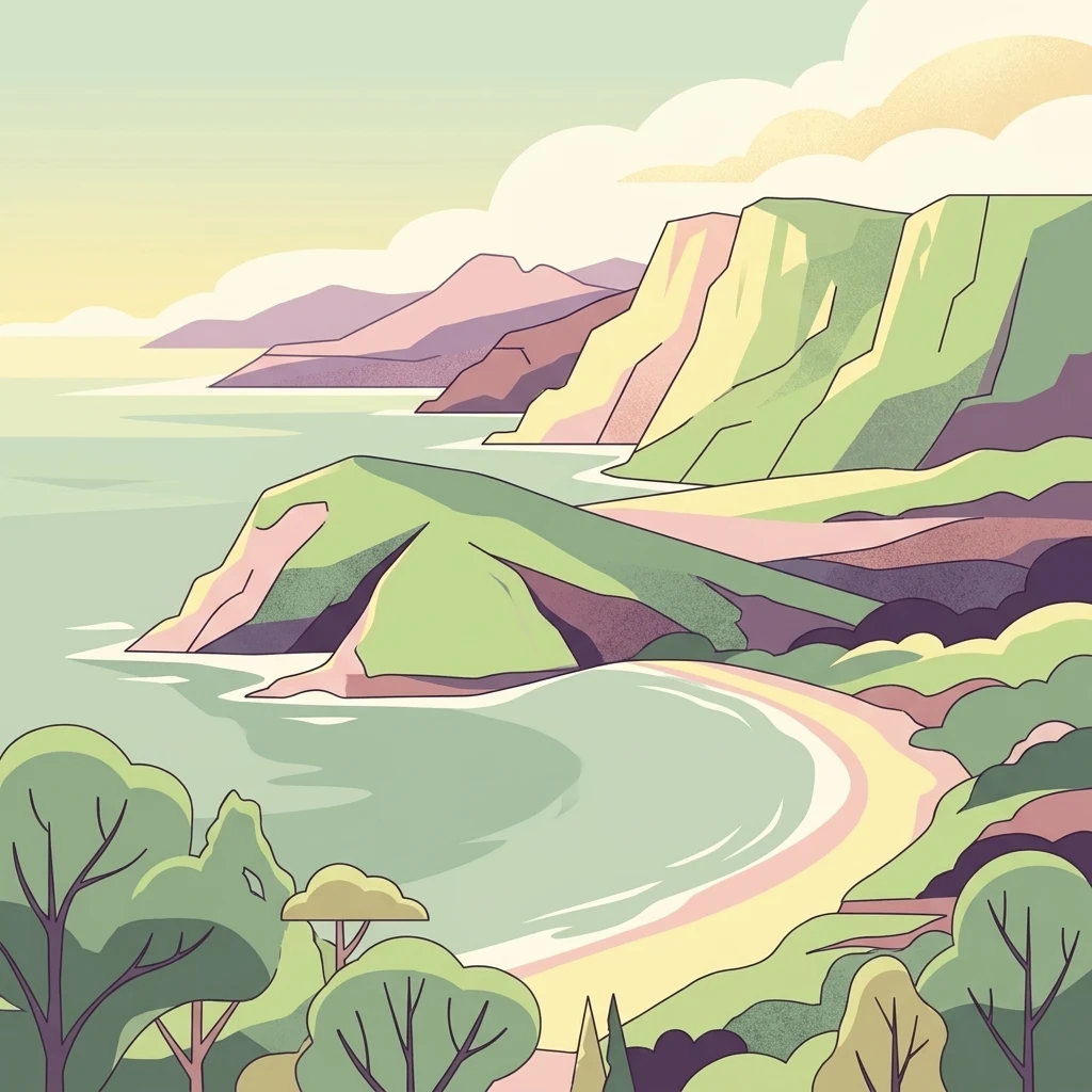 Una ilustración digital de estilo plano que muestra una costa con colinas verdes, acantilados que se encuentran con el océano, una pequeña playa de arena y árboles en primer plano bajo un cielo de colores suaves.