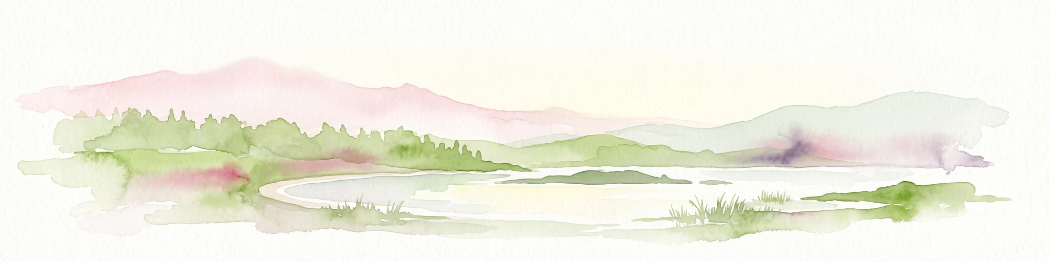 Watercolor painting of a green, hazy coastal landscape with hills, a small island, and light water reflections.