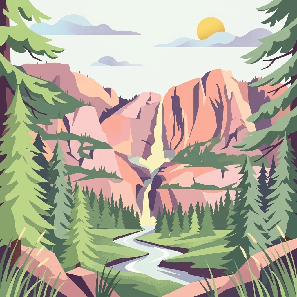 A flat-design illustration showing a narrow valley between steep cliffs with a small waterfall, a winding stream in the foreground, and dense evergreen forests.
