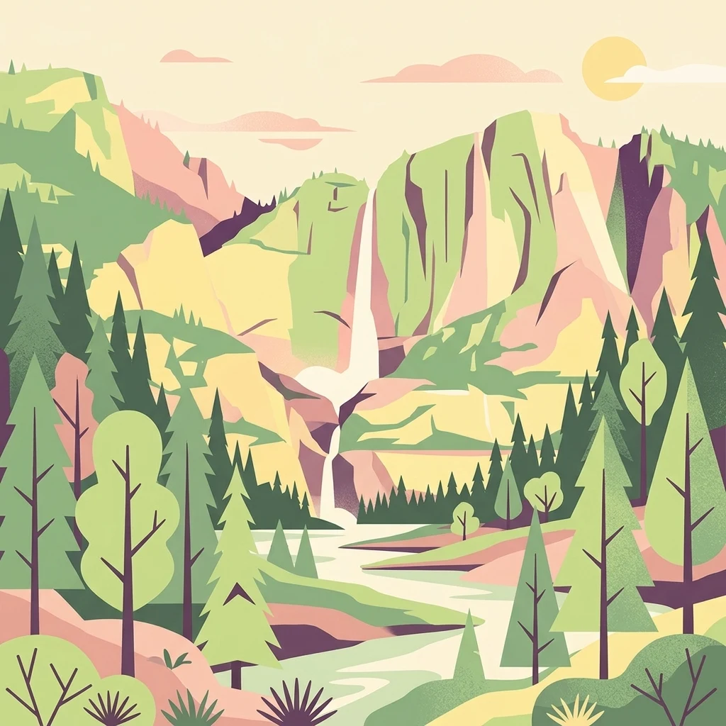 A graphic illustration featuring a tall waterfall cascading down a cliff between forested slopes and a river in the foreground, rendered in a flat, pastel-colored art style.