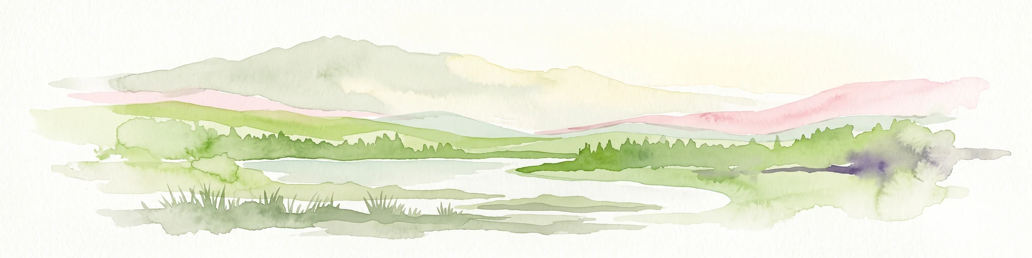 A soft watercolor painting of a wetland landscape with rolling hills in the background, a body of water in the middle, and green grass in the foreground.