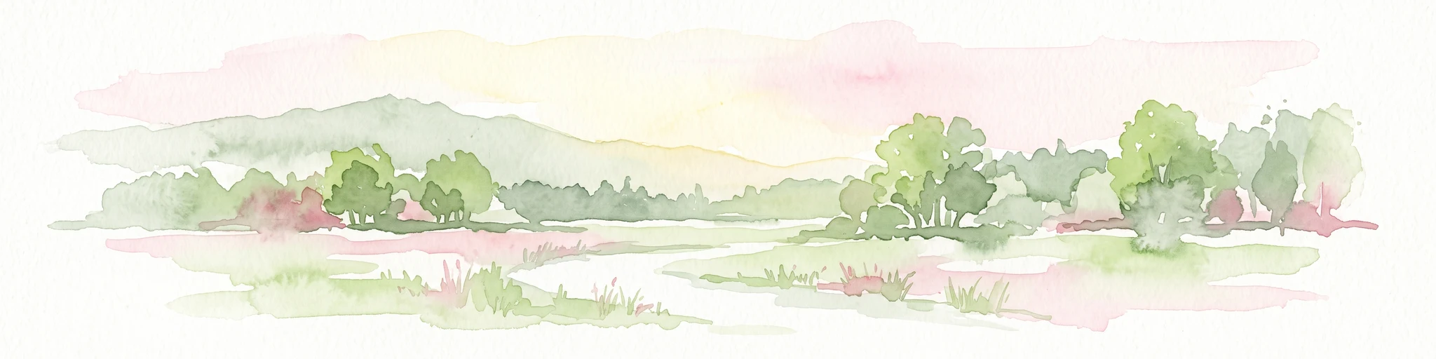 A watercolor illustration of a soft, pastel-colored wetland landscape with trees, grassy banks, and distant hills.