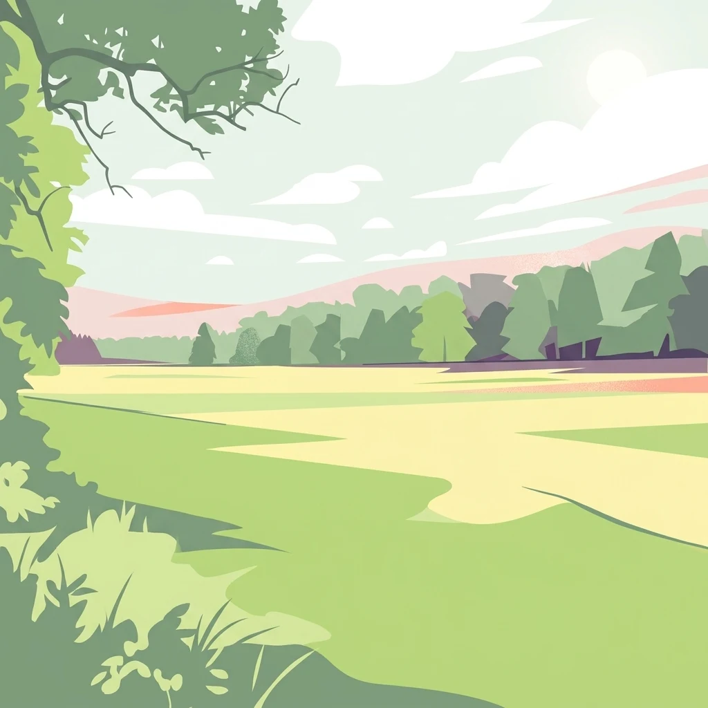 A digital illustration showing a green wetland landscape with a foreground of grass and trees, a flat meadow in the midground, and a line of trees against a pastel sky in the background.