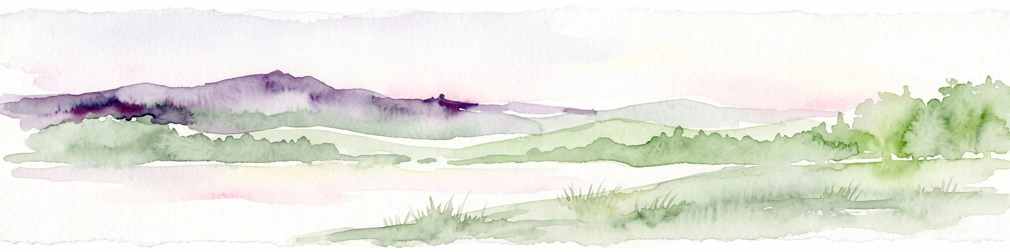 A soft, watercolor painting of a wide landscape with a calm water body in the foreground, rolling green hills in the midground, and purple-toned distant mountains under a pale sky.