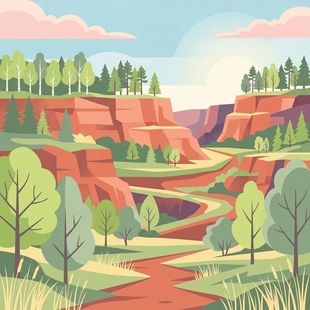 Una ilustración vectorial plana de un paisaje tipo cañón con terrazas de roca roja, senderos sinuosos y árboles dispersos bajo un cielo suave y luminoso.