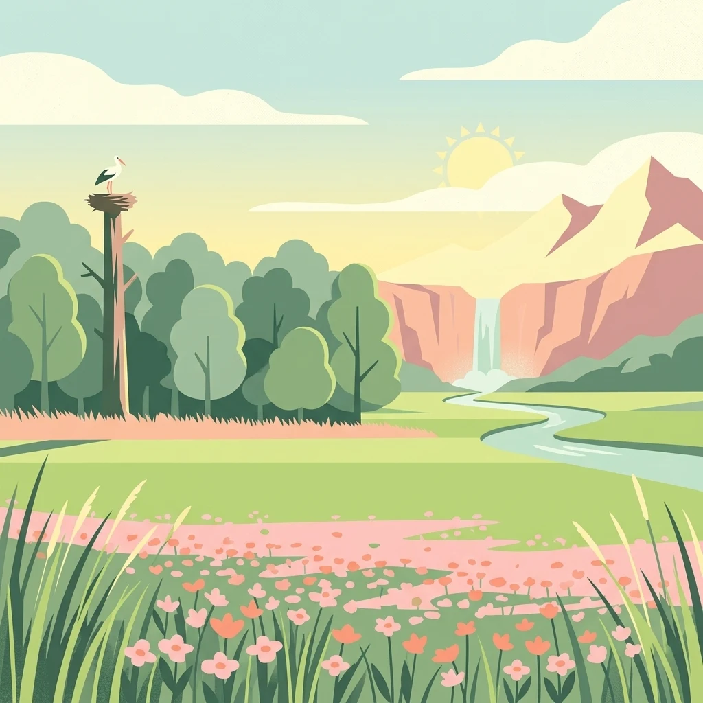 A flat-style digital illustration of a nature landscape with a flowery meadow in the foreground, a river flowing toward a waterfall, a wooded area with a stork perched in a high nest, and stylized mountains under a sunrise.