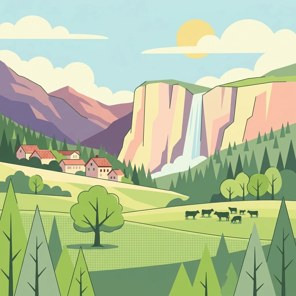 A colorful digital illustration of a pastoral mountain scene featuring a tall waterfall plunging between cliffs, a small cluster of houses with red roofs, and a herd of cattle grazing in a green meadow.