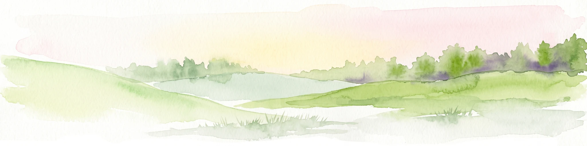 Una pintura en acuarela que muestra un paisaje suave y minimalista con colinas verdes onduladas, parches de hierba en primer plano y una línea lejana de árboles bajo un cielo claro y de tonos cálidos.