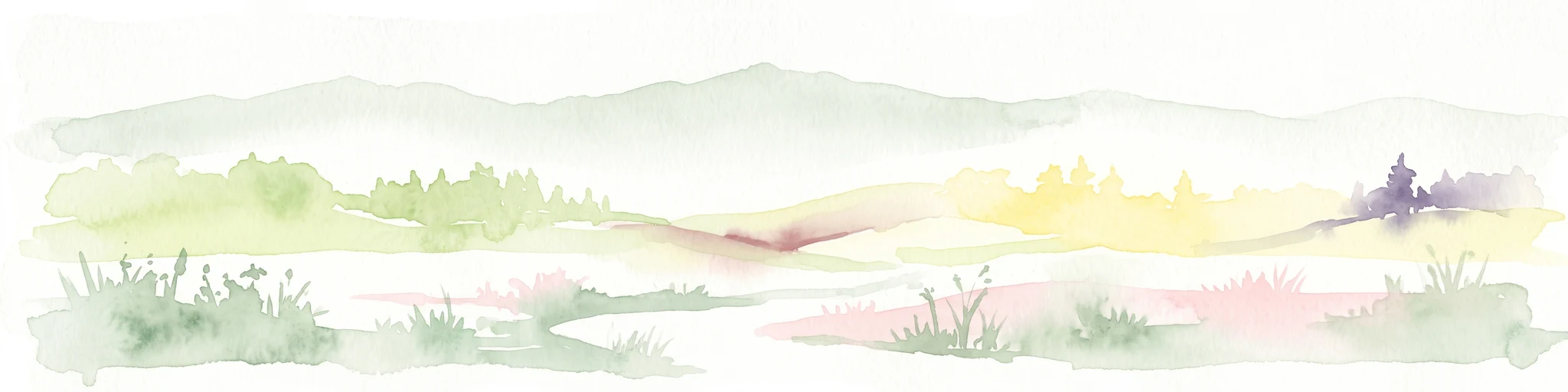 A horizontal watercolor illustration of a soft, hazy landscape with rolling hills, meadows, and indistinct patches of vegetation against a light background.