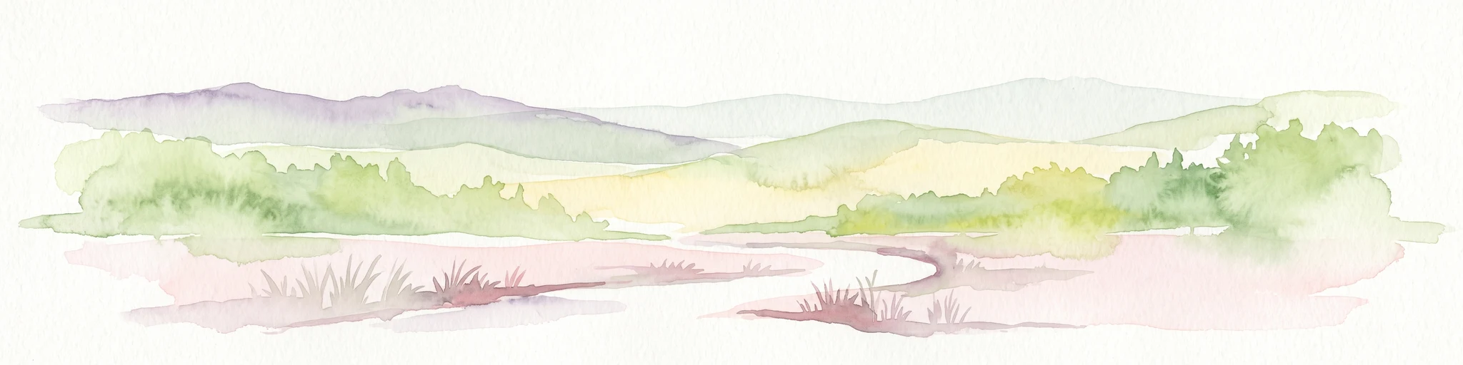 A soft watercolor painting depicting a gentle landscape with rolling hills, meadows, and sparse vegetation, rendered in muted pastel tones.
