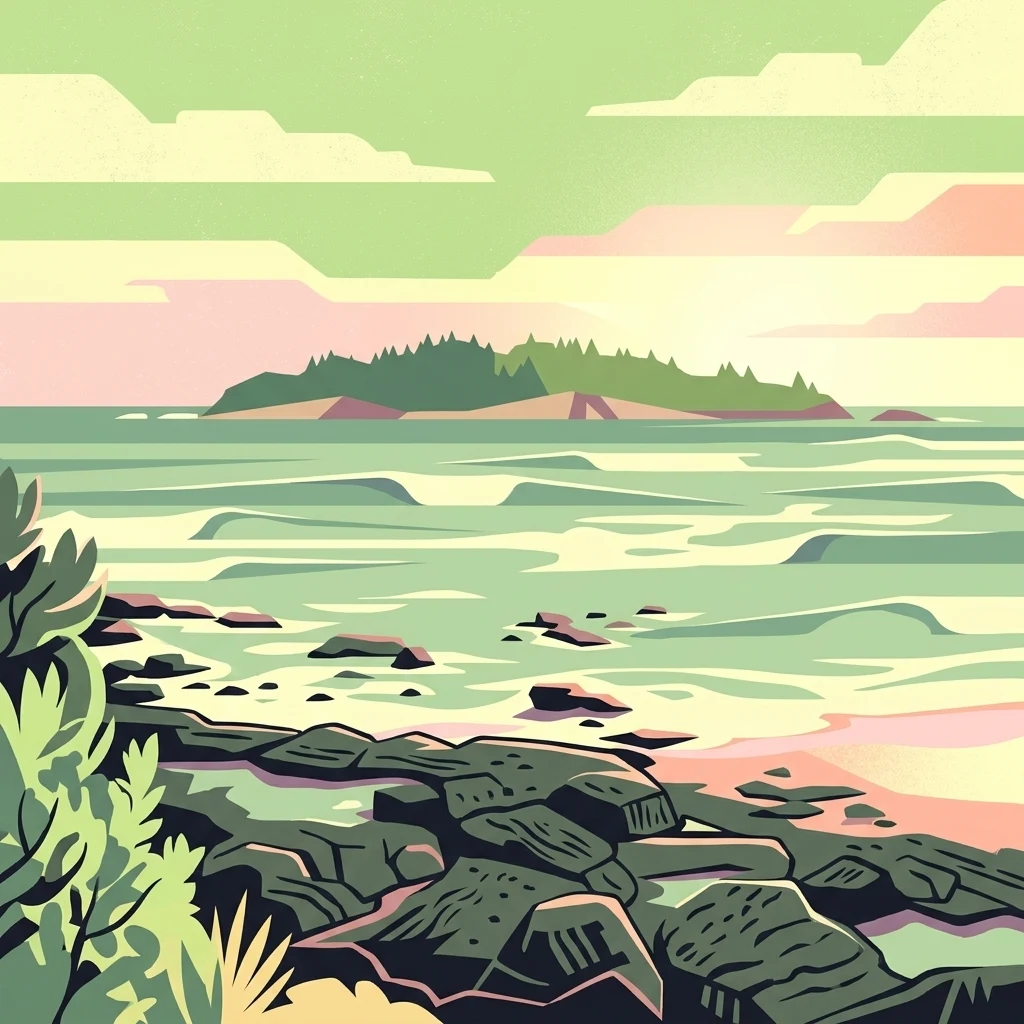 A stylized vector illustration of an island off a rocky coastline at sunrise with pastel green and pink tones.