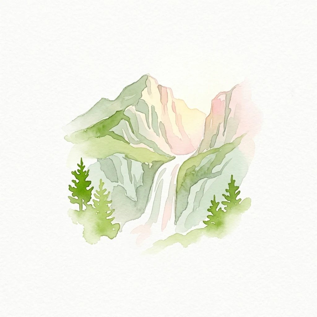Watercolor painting of a mountain with a waterfall, green trees, and rocky cliffs