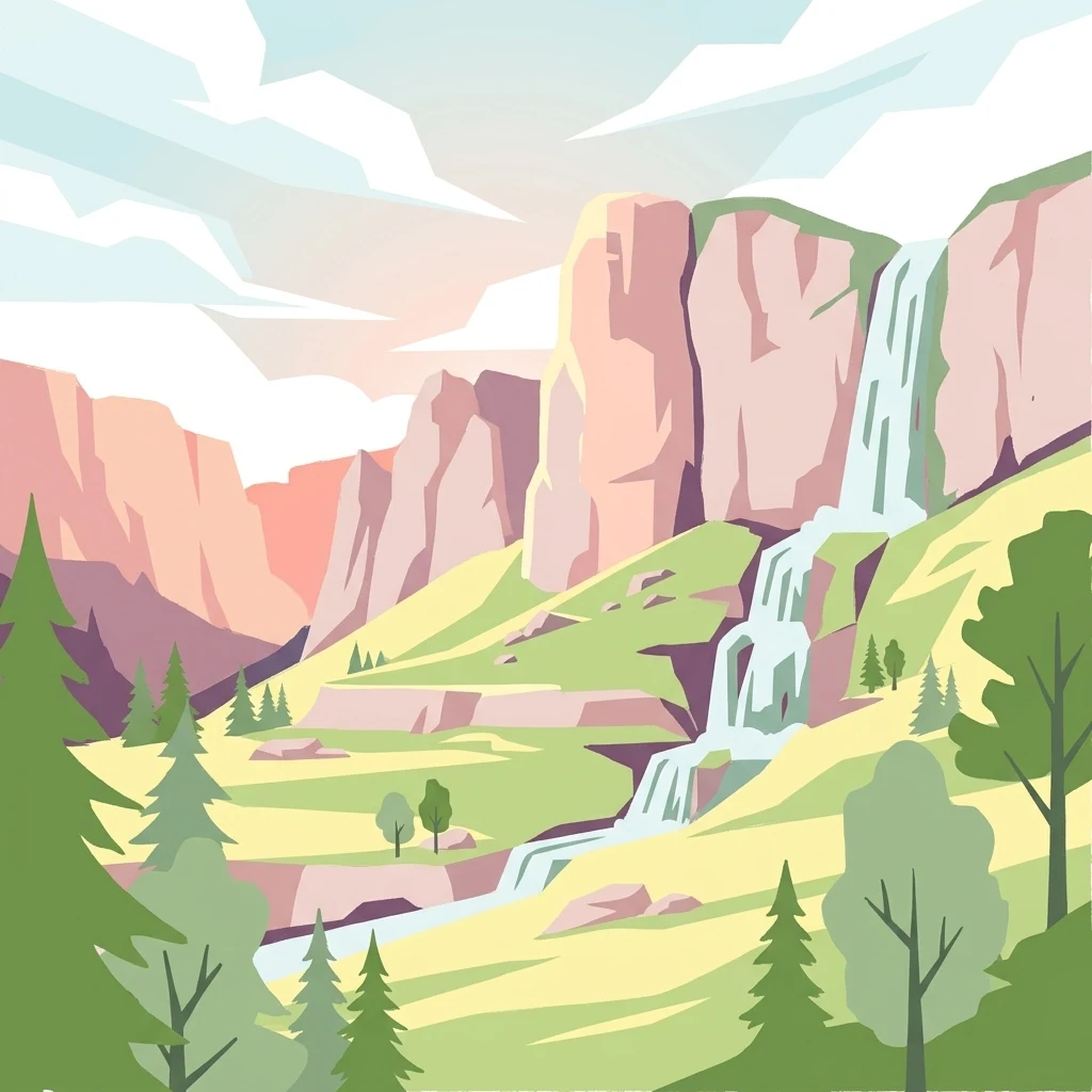 Vector illustration of a mountain landscape with cliffs, waterfall, green valleys, and pine trees.