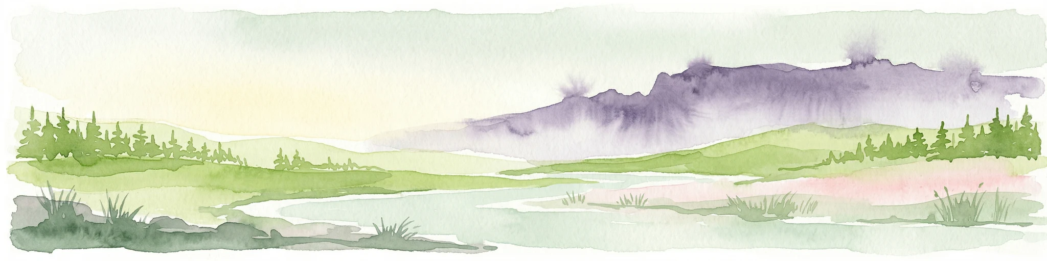 Pintura de acuarela de montañas, bosques y un cuerpo de agua
