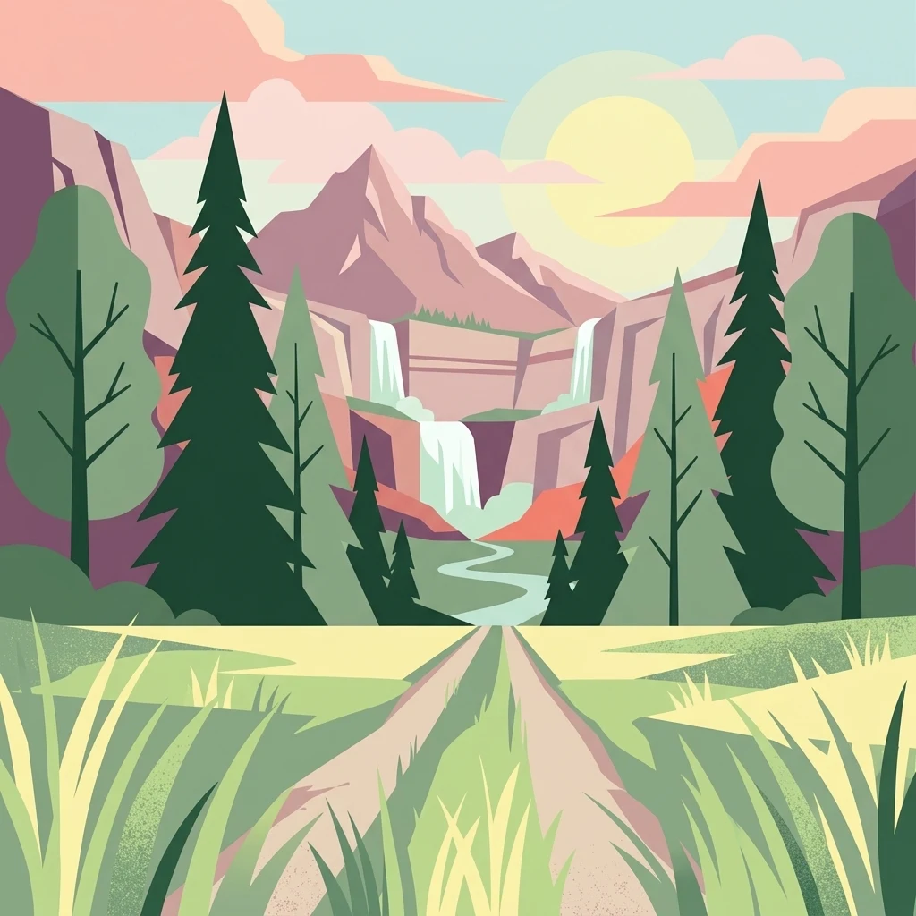 A flat-design digital illustration showing a dirt path leading toward a mountain range with a cascading waterfall, surrounded by coniferous trees and grassy foreground.